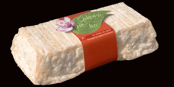 Brique de fromage au lait de chèvre et à la feuille de cerisier japonais Sakura~no~ha(marque deposee) avec son etiquette a ruban cuivre, fleur et feuille de cerisier.
